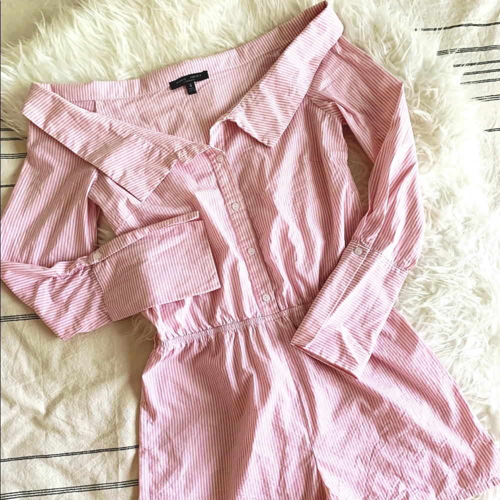 Off the shoulder pink & white striped playsuit